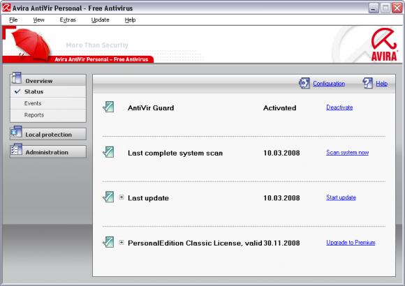 Avira AntiVir Personal - panoul de configurare