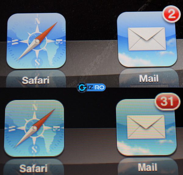 Retina display (sus) versus iPad 2 (jos)